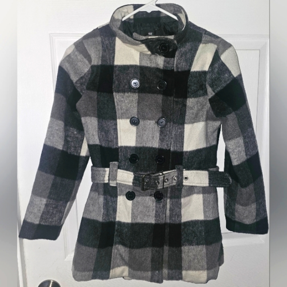 Girl's Black, White, Gray Plaid Trench Style Belted Coat